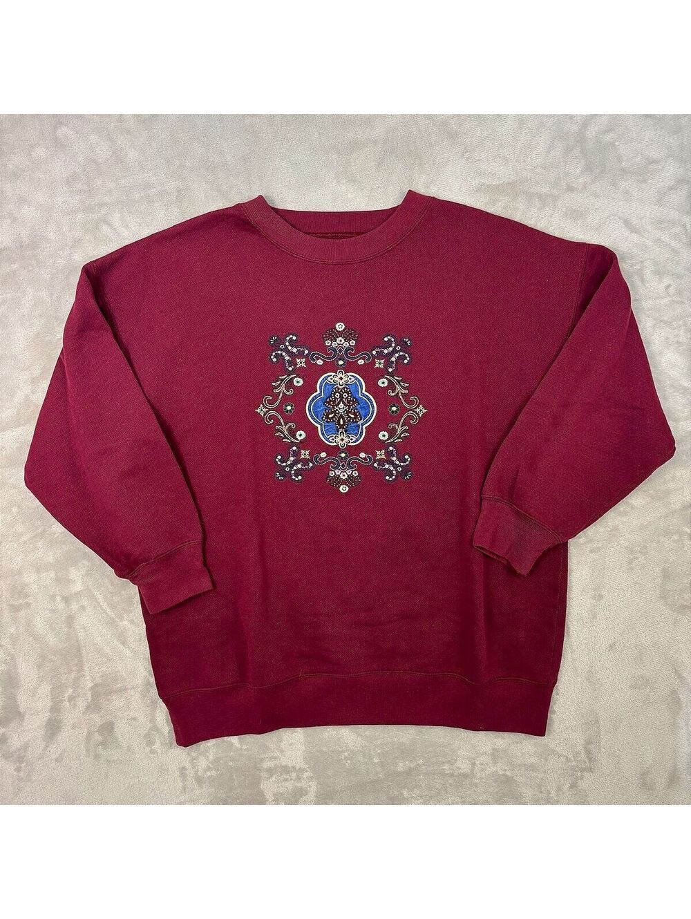VTG 90s Pasta Embroidered Paisley Crewneck Sweatshirt Burgundy Boho Oversized L